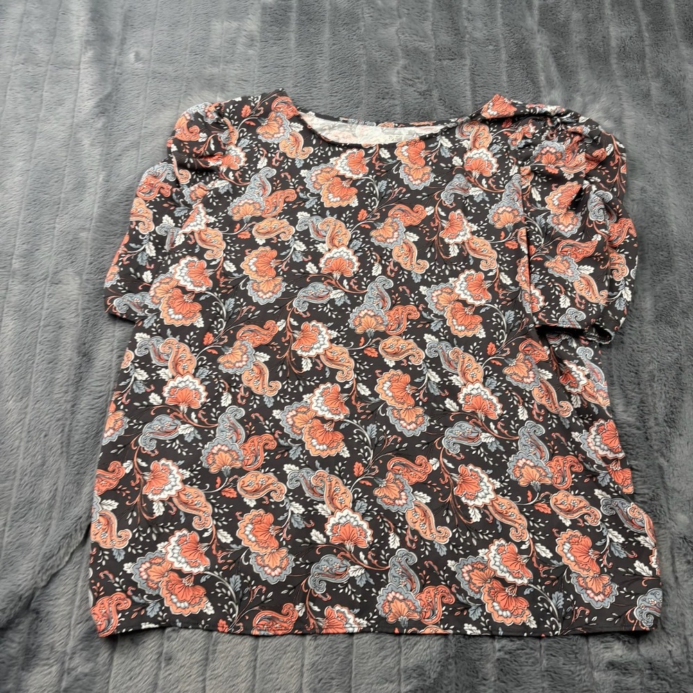 Loft Outlet Womens XL Floral Paisley Puff Sleeve Blouse Top Coral Blue 13409